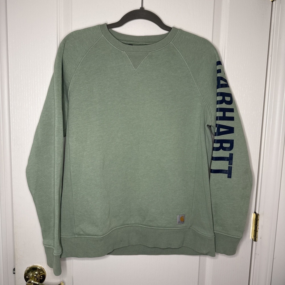 Carhartt Women's Sweatshirt Large Green Relaxed Fit Crew Neck Sleeve Spellout